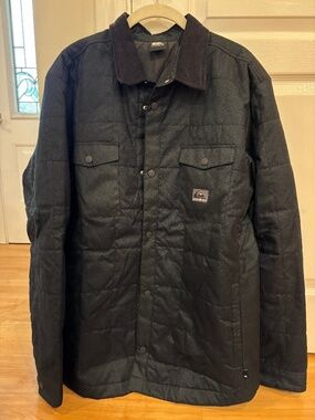 MEN'S QUIKSILVER OCEAN WAVES BOMBER JACKET LARGE BLACK COLLARED SNAPS